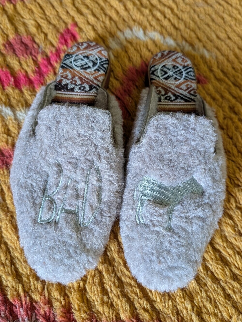 Inkkas Grey Faux-Fur Mule Slippers with Embroidered BAD Donkey